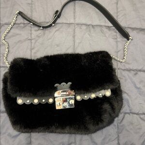 Furla Black Faux Fur Shoulder Bag with Chain Strap